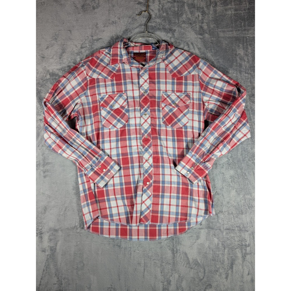 Rustler Mens Western Pearl‎ Snap Shirt Red Blue Plaid X-Long Tails Large L